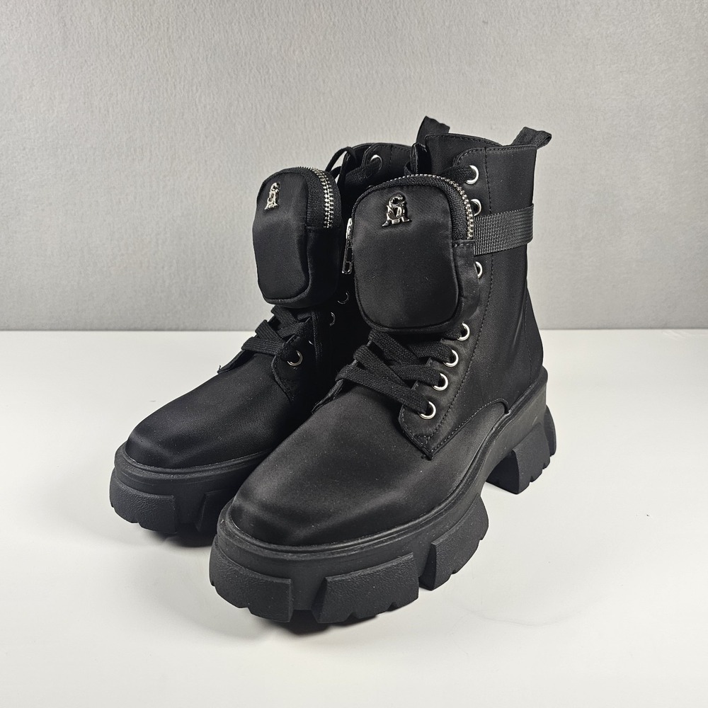 Steve Madden THORA-P Womens 7.5 Black Platform Combat Boots Pouch Lug Sole NWOB